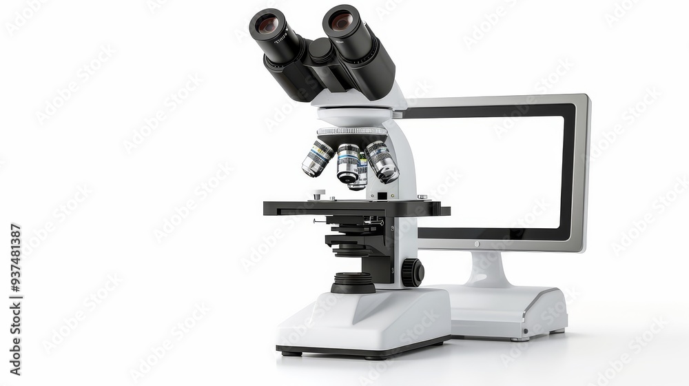 Digital microscope with blank screen isolated on white background