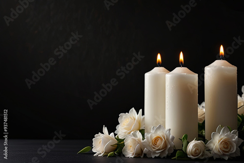 White Candles and Flowers on Black Panoramic Background Solemn and Respectful Atmosphere for Funeral Service, Memorial, or Obituary Headers