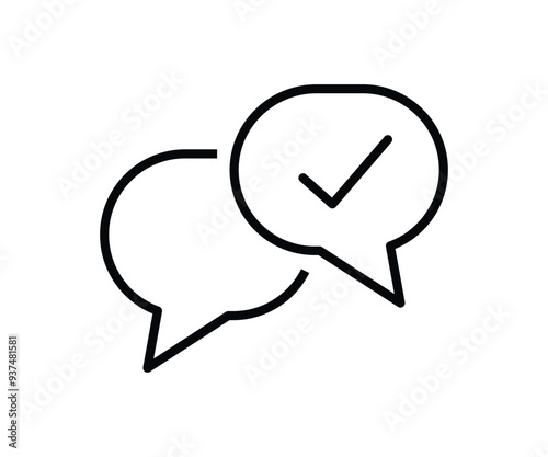 chat bubble with checkmark icon, Black square speech bubble with checkmark line icon, simple approved chat talk flat design vector pictogram, 