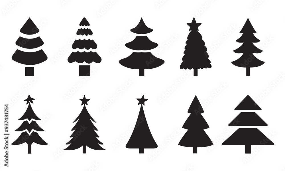 Obraz premium Christmas Tree black silhouette flat glyph icons vector set, Christmas trees collection, Pine icon set. Fir tree vector set.