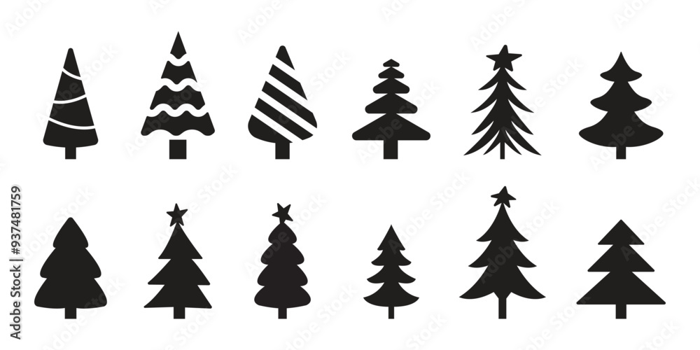 Obraz premium Christmas Tree black silhouette flat glyph icons vector set, Christmas trees collection, Pine icon set. Fir tree vector set.