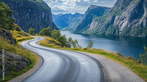 A winding road curves through a scenic mountain valley, leading to a tranquil fjord.