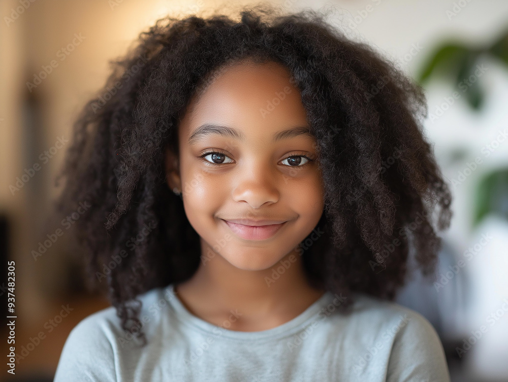 Young girl with natural curly hair smiling, standing against a plain background, expressing confidence and positivity with a warm and inviting demeanor. Young girl with natural curly hair smiling, standing against a plain background, expressing confidence and positivity with a warm and inviting demeanor.