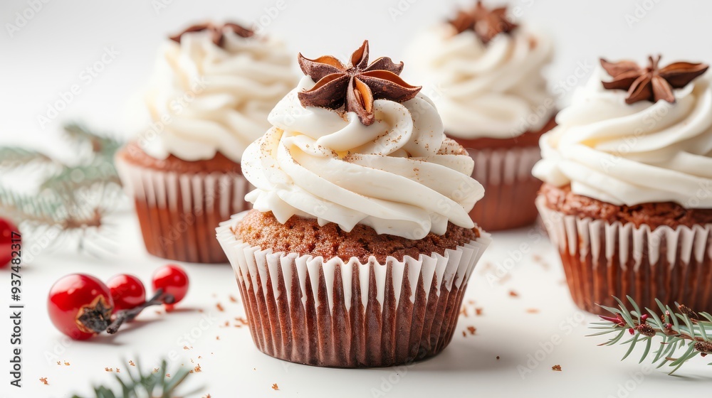 Festive gingerbread cupcakes with cream cheese frosting isolated on white background Festive gingerbread cupcakes with cream cheese frosting isolated on white background