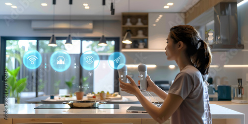 A female using smart devices in IOT optimized kitchen, making a feast in digital smart kitchen, 