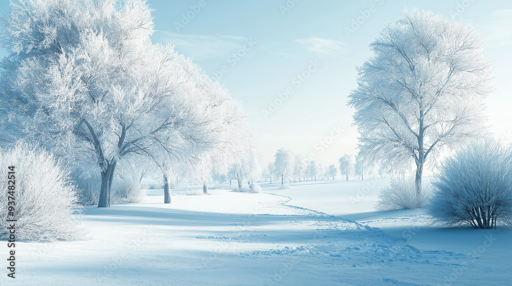 Fototapeta premium Expansive winter scene with frosted trees and snow-covered fields, leading to a distant horizon. The bright sky enhances the icy landscape. Excellent for winter or seasonal themes with copy space.