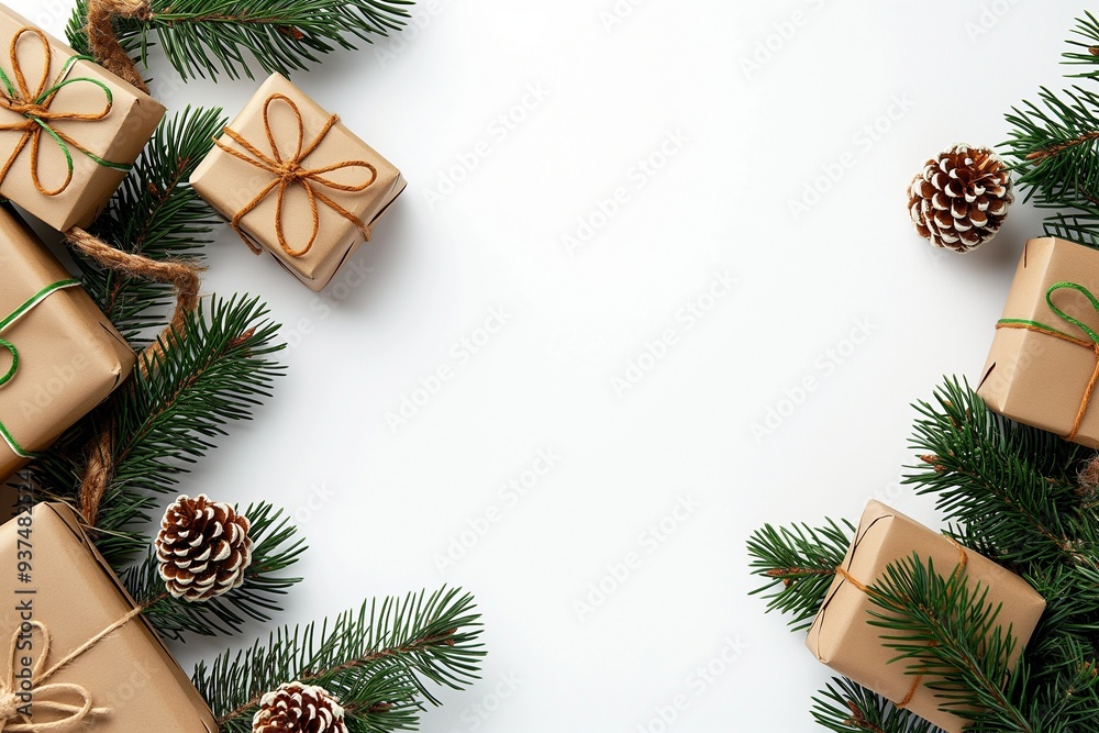 Christmas composition of gifts and pine branches on a white background Christmas composition of gifts and pine branches on a white background