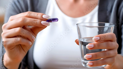 person holding a glass of water and a capsule, woman taking an oral medication, blue pil, big pharmamedicine, stress, health issues, placebo photo