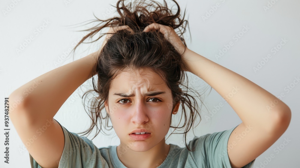 Fototapeta premium Frustrated individual sighing with hands running through their hair isolated on white