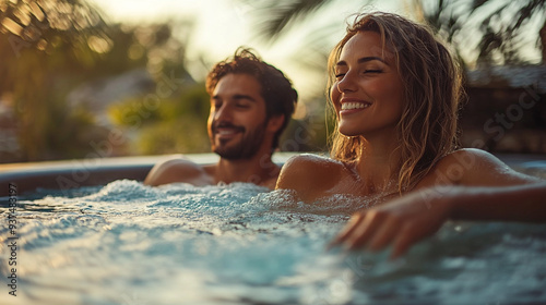 Happy couple people smiling and relaxing in hot tub. Wellbeing spa concept.