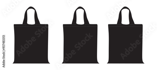 Eco fabric recycle reusable shopping bag template. Blank tote bag mock up, isolated on white background, Front view. Empty black cotton tote bag template for shopping. Vector Illustration.