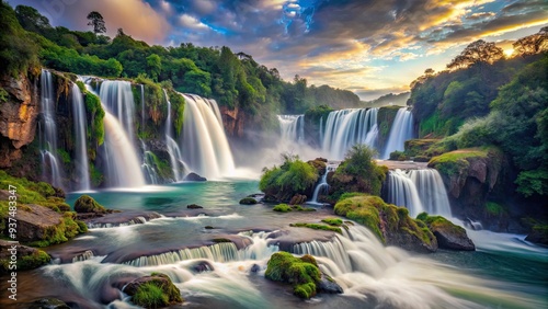 Stunning waterfalls and misty gorges, conveying power and serenity, shot with slow shutter speed and polarizing filter to enhance color saturation.