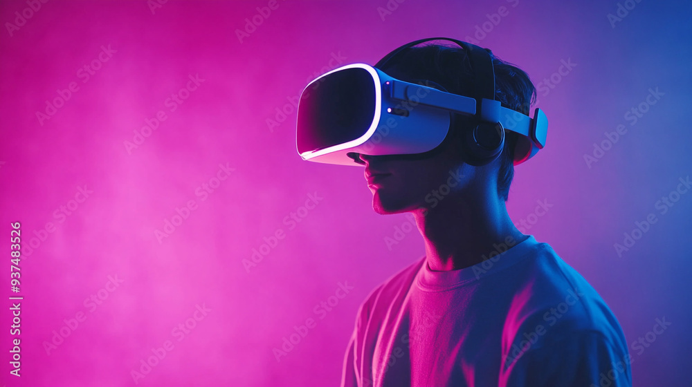 Man wearing glasses of virtual reality. Isolated on neon light visual background. Metaverse technology and VR experience concept. Man wearing glasses of virtual reality. Isolated on neon light visual background. Metaverse technology and VR experience concept.