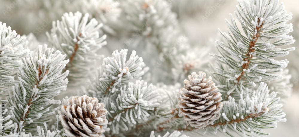 close up photo of frost covered pine tree branches with snowflakes and cones on winter background close up photo of frost covered pine tree branches with snowflakes and cones on winter background