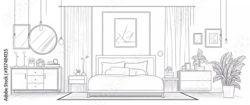 bedroom interior, line art style, simple vector illustration with white background, furniture and decor