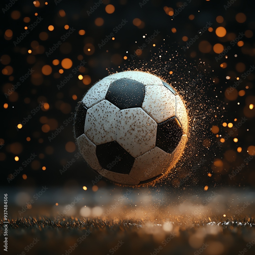 Fototapeta premium Soccer ball crossing the goal line in slow motion, dust particles illuminated by stadium lights, Soccer scoring, moment of victory