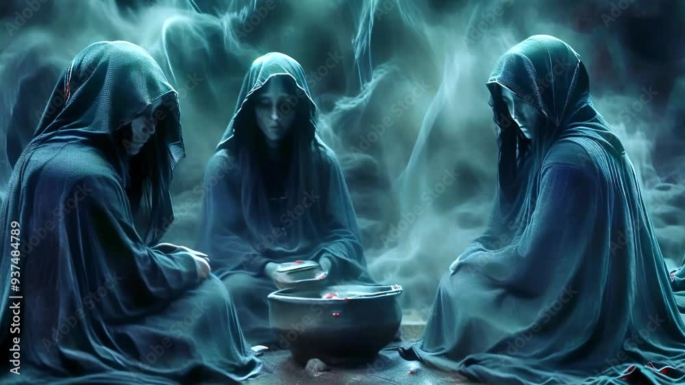 Occult Ritual Scene Mysterious Hooded Figures Performing Ritual Around Cauldron Dark ...