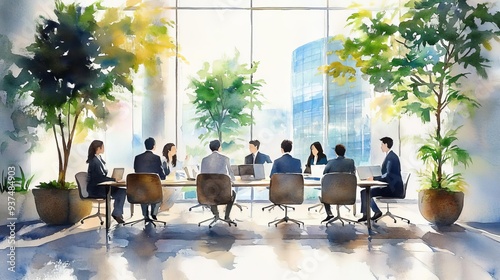 Watercolor illustration of a business meeting in a modern office with a city view.