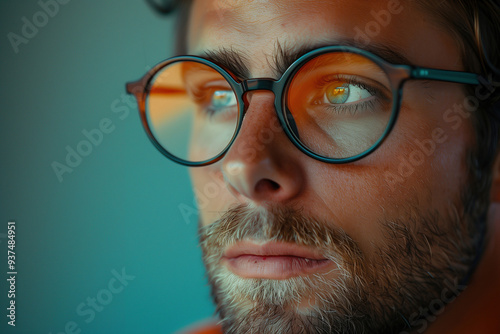 Radiant close up portrait of a man with a serious gaze wearing glasses