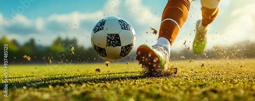 Closeup of soccer player s cleats striking the ball during a free kick, focused energy, Soccer game, precision and power