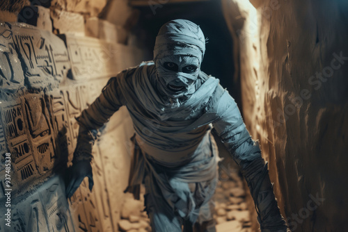 Undead Mummy Covered in Bandages Inside a Spooky Egyptian Pyramid Tomb