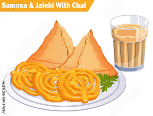 Samosa & Jalebi with Chai - Indian Street Food Vector Art 