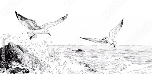 Seagulls flying over the ocean, rocks on the shoreline. Vector black and white illustration photo