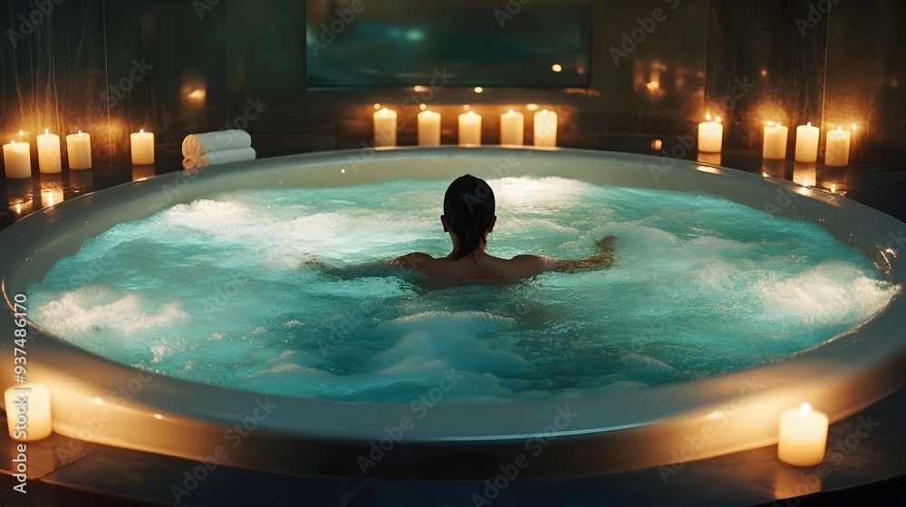 Obraz premium A serene and luxurious spa bath scene with a person soaking in a tub surrounded by flickering candles creating a peaceful and rejuvenating atmosphere for a tranquil relaxation retreat