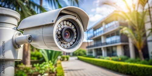 Security camera on outdoor pole with blurred building and palm trees in background. photo