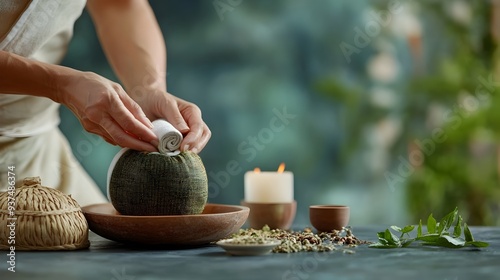Professional Therapist Preparing Aromatic Herbal Compress for Therapeutic Massage Treatment in Holistic Wellness Practice