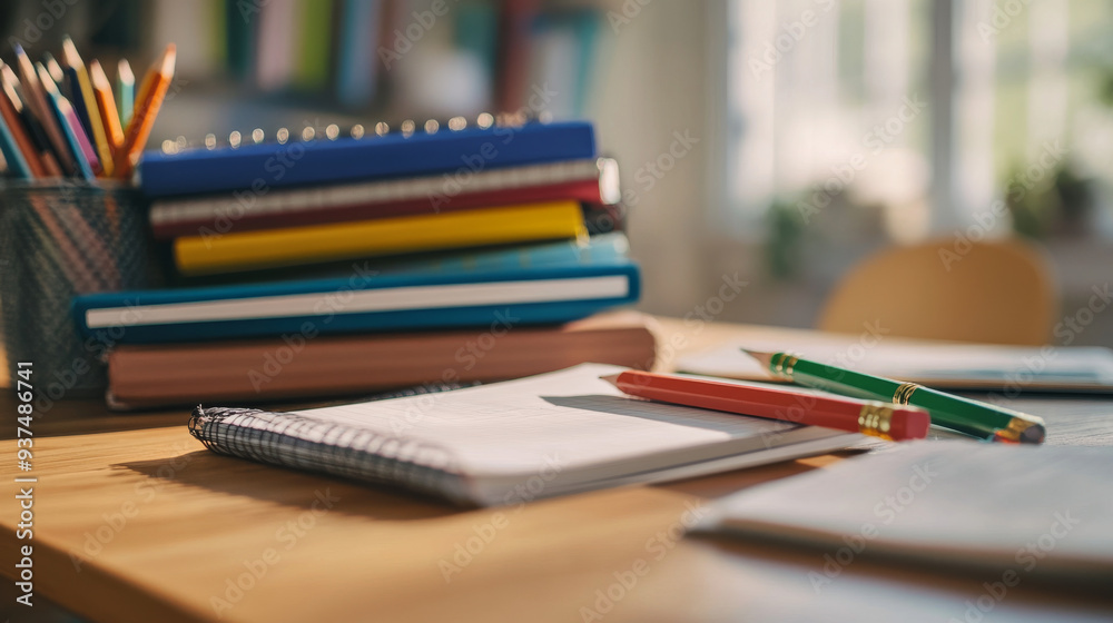 A close-up of a school desk with a stack of textbooks, pencils, and a notebook. A close-up of a school desk with a stack of textbooks, pencils, and a notebook.