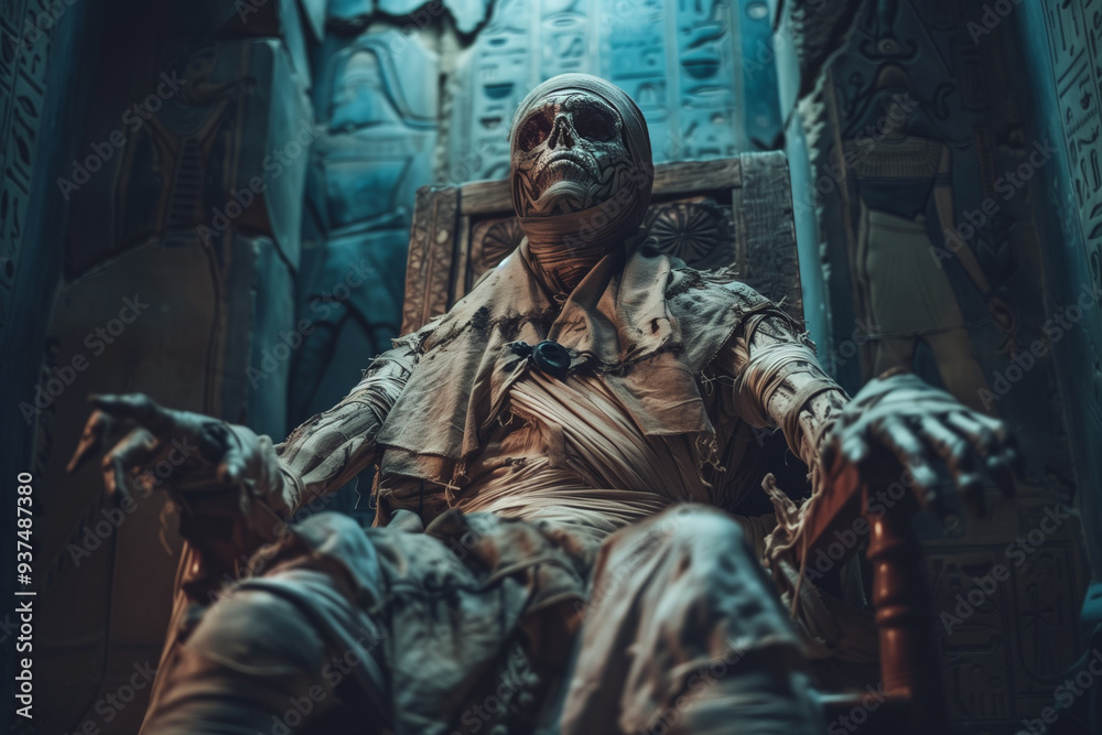 Pharaoh Mummy Seated in an Egyptian Pyramid for Spooky Halloween Scene Pharaoh Mummy Seated in an Egyptian Pyramid for Spooky Halloween Scene