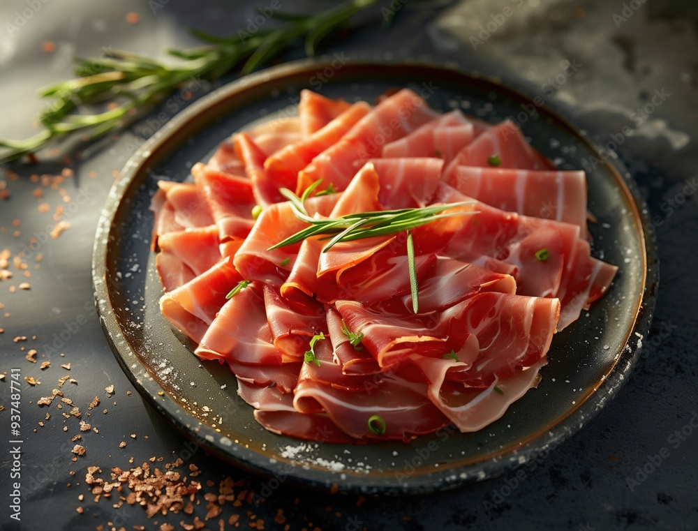 close up food photography of sliced Jamon Iberico with salt on black background close up food photography of sliced Jamon Iberico with salt on black background