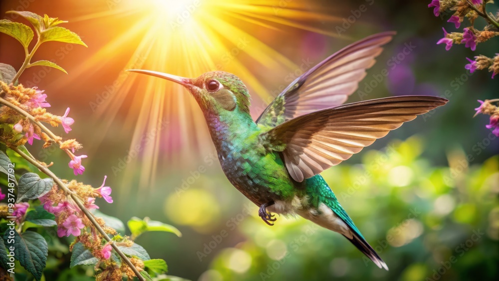 Obraz premium Hummingbirds unfurl iridescent feathers in tandem, their emerald thoraxes shimmering amidst verdant foliage, as sunbeams cast dappled hues on the forest floor, capturing the fleeting dance of life.