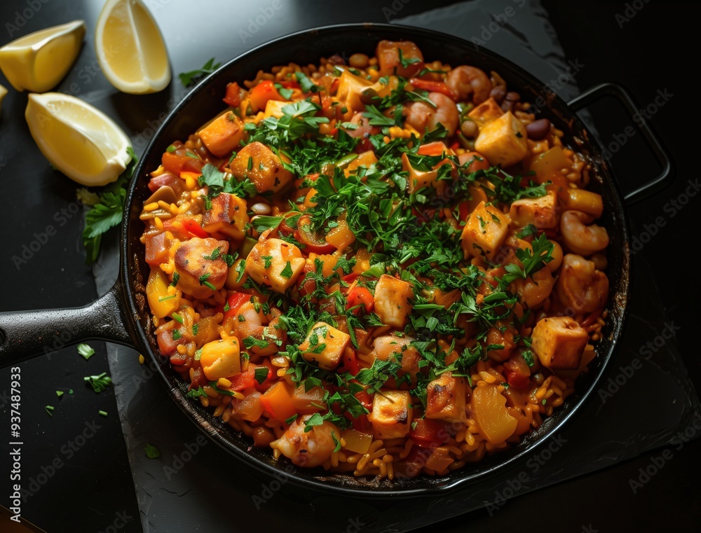 Close up photo of traditional Spanish paella with seafood on a black background Close up photo of traditional Spanish paella with seafood on a black background