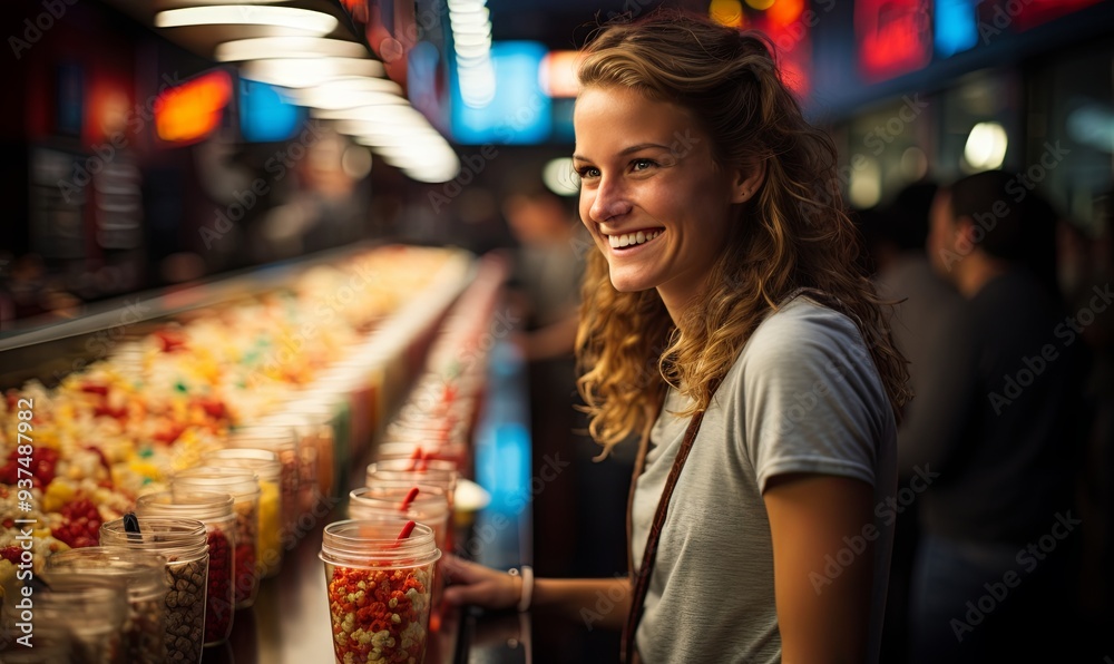 Woman Standing Next to Row of Candy-Filled Jars Woman Standing Next to Row of Candy-Filled Jars