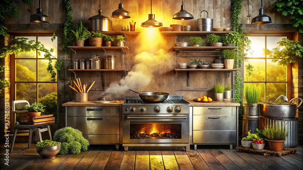 Industrial oven's fiery bursts illuminate wispy steam veiling metal racks, amidst lush foliage and scattered vintage utensils, warm golden light infusing rustic wooden boards. Industrial oven's fiery bursts illuminate wispy steam veiling metal racks, amidst lush foliage and scattered vintage utensils, warm golden light infusing rustic wooden boards.