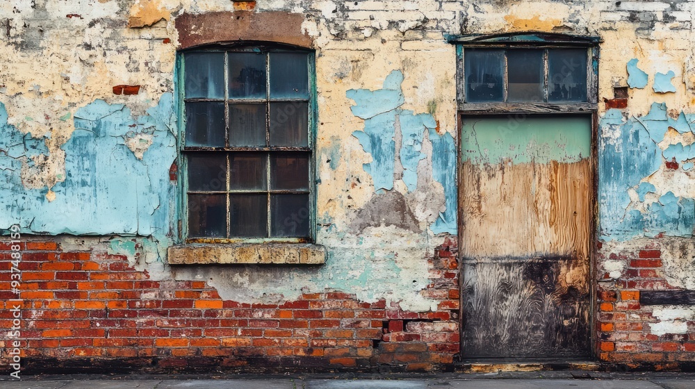 Weathered Brick Wall with Window and Doorway Weathered Brick Wall with Window and Doorway