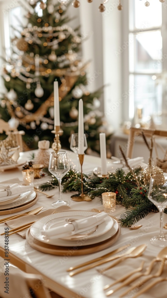 A beautifully arranged table showcases fine dining, featuring white and beige dishes, golden cutlery, and delicate candles, perfect for a winter celebration near a decorated tree