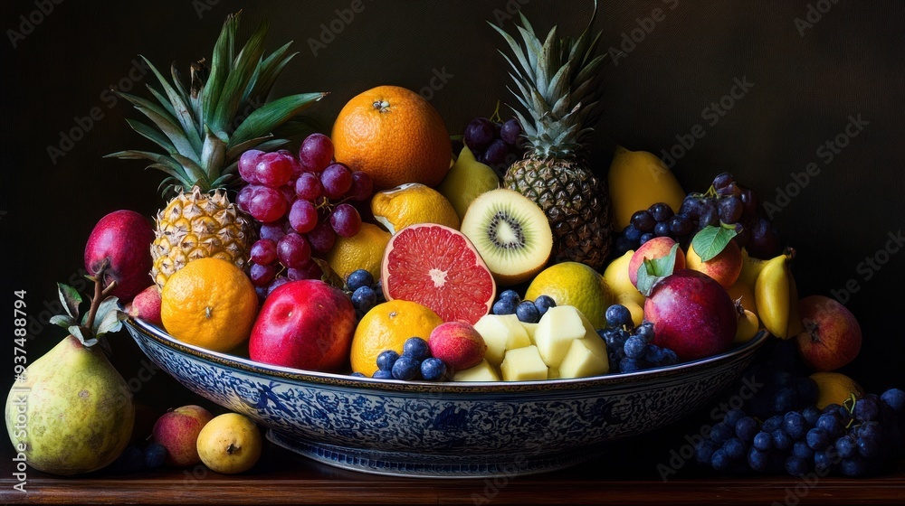 A Blue and White Bowl Filled with Fresh Fruit A Blue and White Bowl Filled with Fresh Fruit
