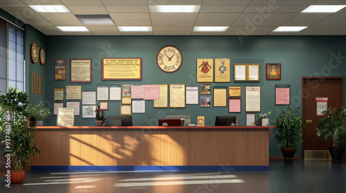 A school office with awards and certificates displayed on the wall behind a reception desk.