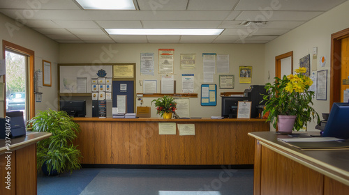 A school office with awards and certificates displayed on the wall behind a reception desk.