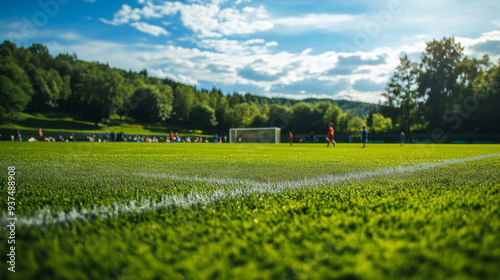 A school soccer field with kids playing a game, goalposts, and green grass stretching into the distance.