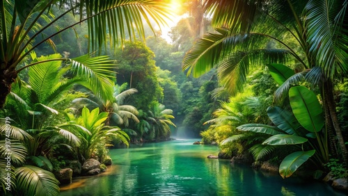 In this tropical escape, lush greenery envelops you in a tapestry of vibrant colors, transporting you to a hidden jungle retreat, where tranquility unfolds.