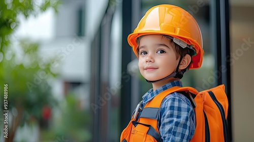 A cheerful boy wearing an orange construction helmet and vest, showcasing safety and enthusiasm for building and exploration.