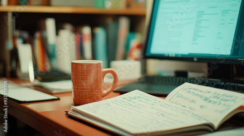 A teacherâ€™s desk with a computer, coffee mug, and a stack of papers ready to be graded.