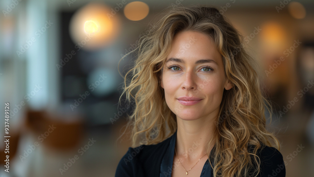 Obraz premium Portrait of a confident woman with curly hair, softly smiling, indoors with a blurred background, ideal for lifestyle or business visuals.