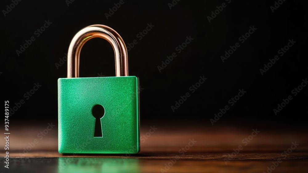Fototapeta premium A close-up of a green padlock with a shiny brass shackle, symbolizing security, privacy, and protection against unauthorized access.