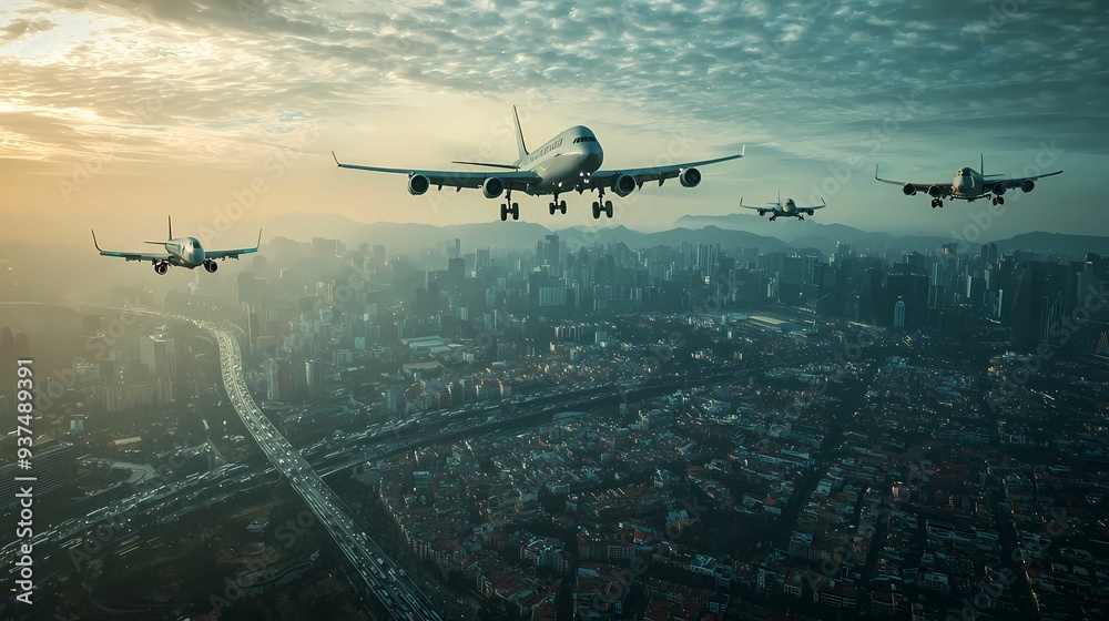 Fototapeta premium Aerial view of multiple aircraft approaching an urban skyline during sunset, showcasing aviation in modern transportation.