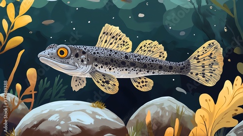 Plecostomus, algaecovered rocks, flat design illustration photo